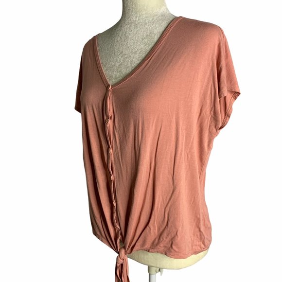 Ambiance Tie Front Button Up Cropped Top 52PE - Picture 2 of 5